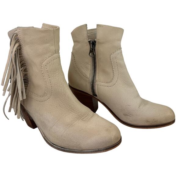 SAM EDELMAN Louie Beige Suede Side Zip Western Fringe Stacked Heel Boot Size 7 - Picture 1 of 6